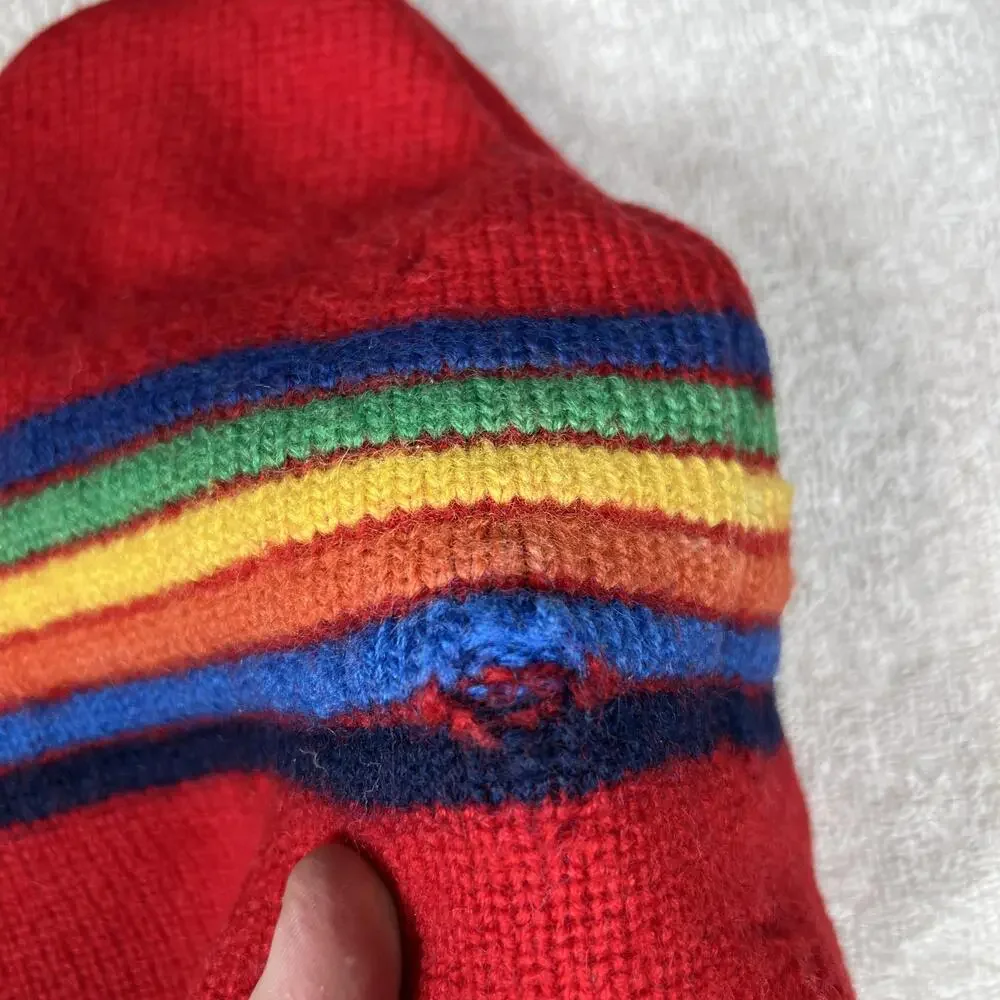 Hat Beanie Girls One Size Red 100% Wool Striped Rainbow Winter Cozy Casual